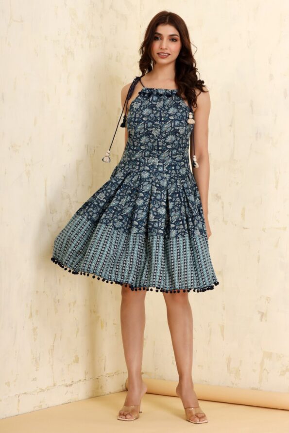 Blue Floral Print Strappy Cotton Dress